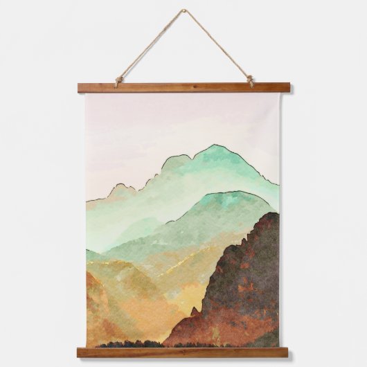 Waterverf Bergen Landschap in Blauwgroen en bruin Hangend Wandkleed (Voorkant)