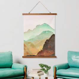 Waterverf Bergen Landschap in Blauwgroen en bruin Hangend Wandkleed