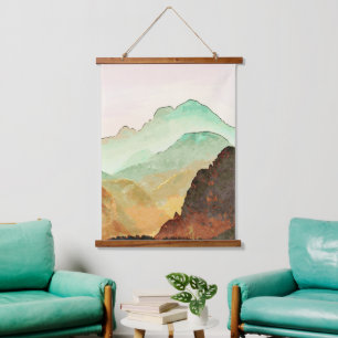 Waterverf Bergen Landschap in Blauwgroen en bruin Hangend Wandkleed