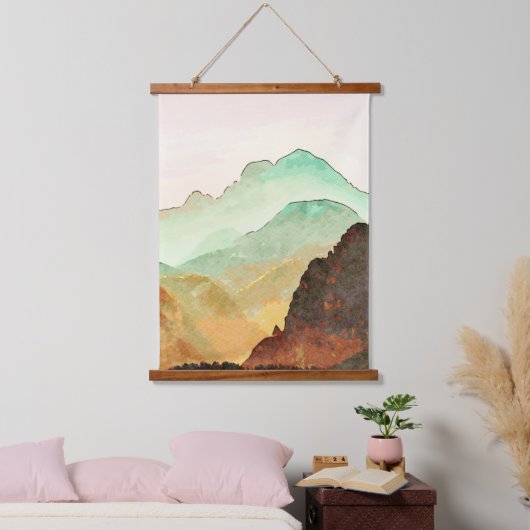 Waterverf Bergen Landschap in Blauwgroen en bruin Hangend Wandkleed (Slaapkamer)