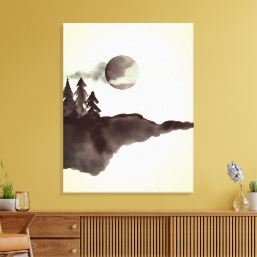  Waterverf bergen Moon Pine Trees Canvas Afdruk (Insitu (Woonkamer))