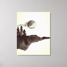  Waterverf bergen Moon Pine Trees Canvas Afdruk