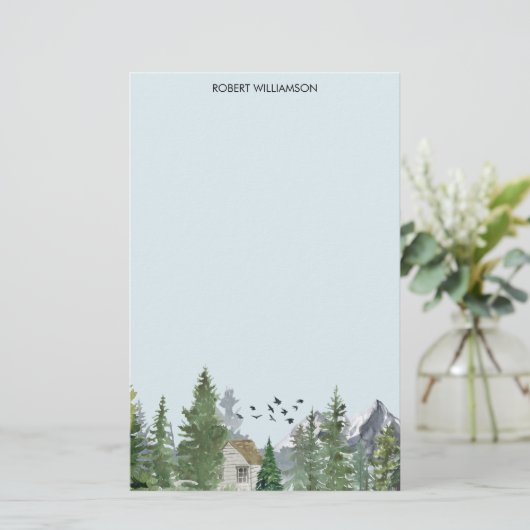 Waterverf bergen Natuur Fir Trees Forest Cabin Briefpapier (Staand voorkant)