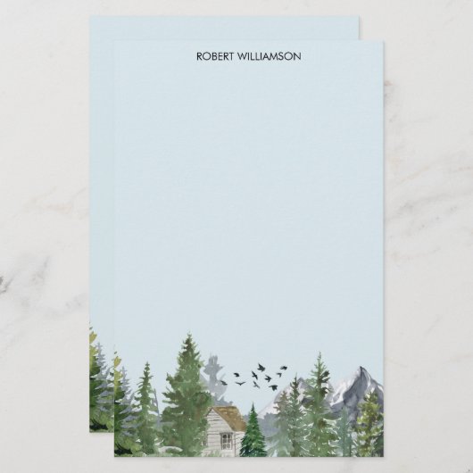 Waterverf bergen Natuur Fir Trees Forest Cabin Briefpapier (Voorkant / Achterkant)