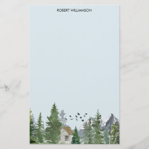 Waterverf bergen Natuur Fir Trees Forest Cabin Briefpapier
