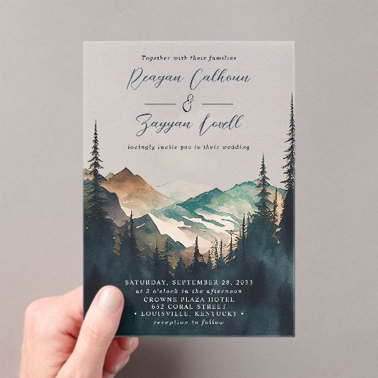 Waterverf bergen Pine Forest Script Weddenschap Acryl Uitnodigingen (Insitu (Draagbaar))