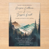 Waterverf bergen Pine Forest Script Weddenschap Acryl Uitnodigingen (Voorkant)