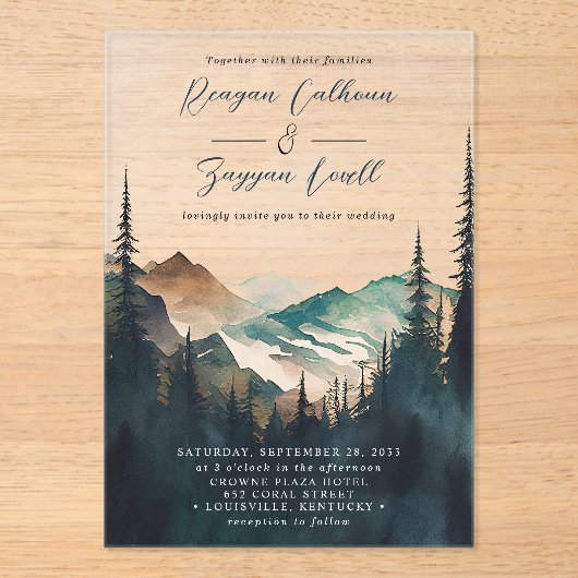 Waterverf bergen Pine Forest Script Weddenschap Acryl Uitnodigingen (Voorkant)