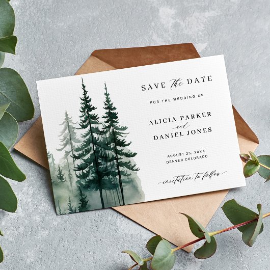 Waterverf Bergen Pine Tree Forest Wedding Save The Date