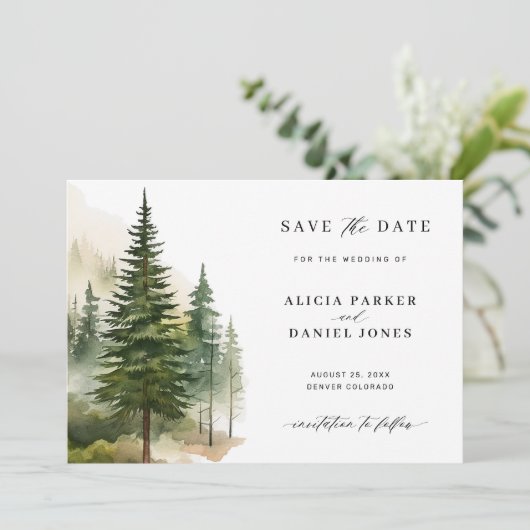 Waterverf Bergen Pine Tree Forest Wedding Save The Date (Staand voorkant)