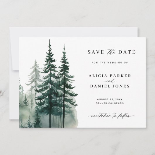 Waterverf Bergen Pine Tree Forest Wedding Save The Date (Voorkant)