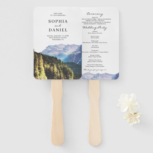 Waterverf Bergen Trouwprogramma Fan Handwaaier (Voorkant en achterkant)