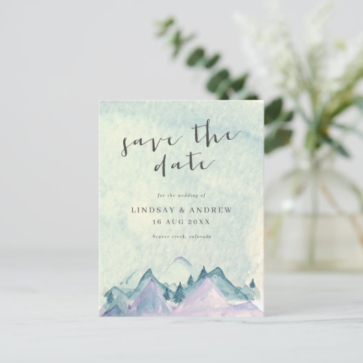 Waterverf bergen Weddenschap Save the Date Briefkaart (Staand voorkant)