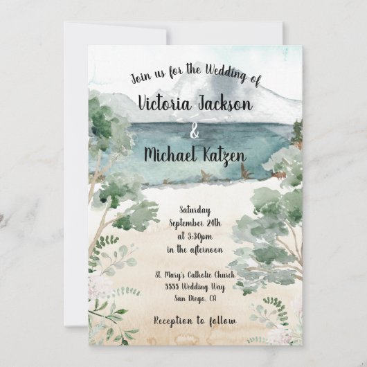 Waterverf Bergmeer Trouwuitnodigingen Kaart (Voorkant)