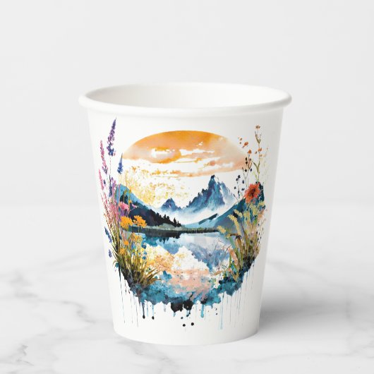Waterverf bergscène papieren bekers (Voorkant)