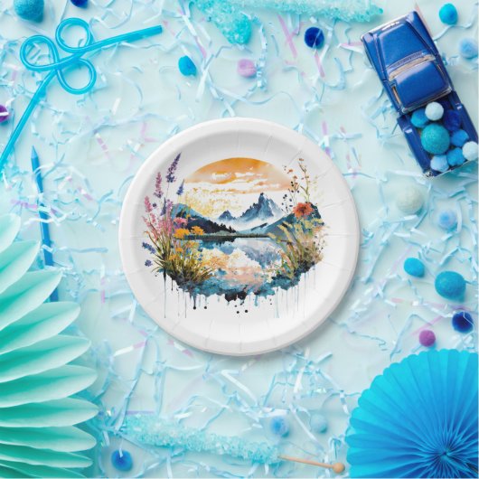 Waterverf bergscène papieren bordje (Feest)