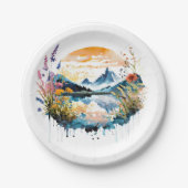 Waterverf bergscène papieren bordje (Voorkant)