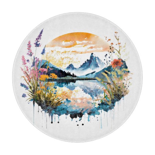 Waterverf bergscène snijplank (Voorkant)