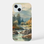 Waterverf bergstroomlandschap iPhone 15 case (Achterkant)