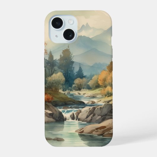 Waterverf bergstroomlandschap iPhone 15 case (Achterkant)