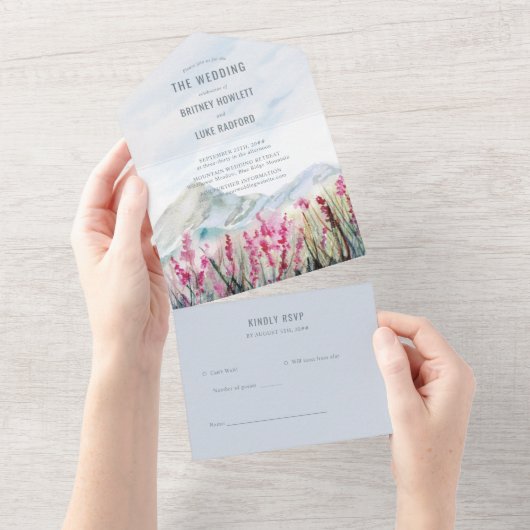 Waterverf Bergweddenschap Roze Wildflower Meadow All In One Uitnodiging (Afscheurbaar)