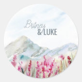 Waterverf Bergweddenschap Roze Wildflower Meadow Ronde Sticker (Voorkant)