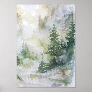 Waterverf bergwoud met nevel poster