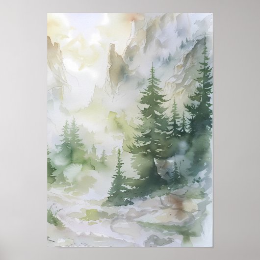 Waterverf bergwoud met nevel poster (Voorkant)