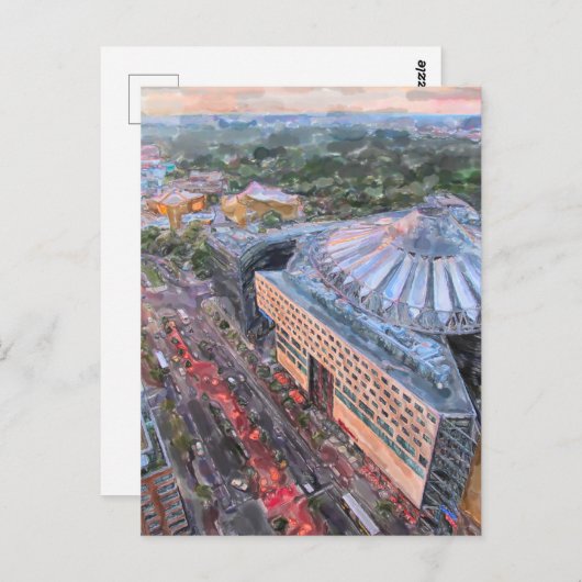 Waterverf Berlijn. Avond over Sony Center en Ti Briefkaart (Voorkant / Achterkant)