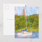 Waterverf Berlijn. Grunewald tower en boot Havel Briefkaart (Voorkant / Achterkant)