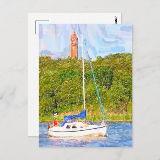 Waterverf Berlijn. Grunewald tower en boot Havel Briefkaart (Voorkant / Achterkant)