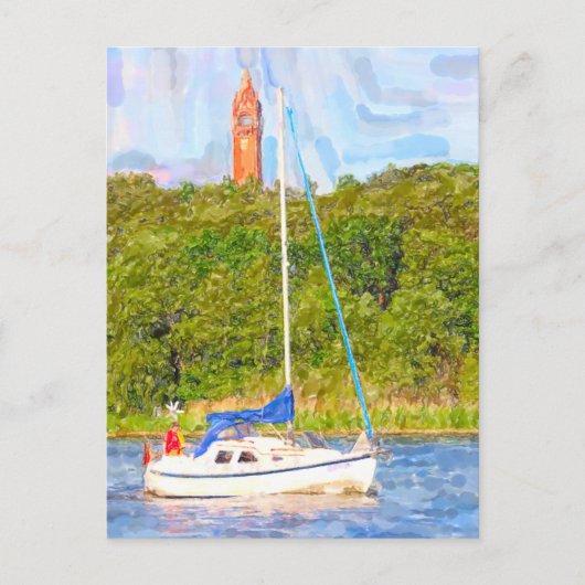 Waterverf Berlijn. Grunewald tower en boot Havel Briefkaart (Voorkant)