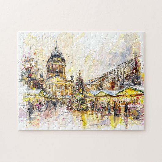 Waterverf Berlijnse kerstmarkt Gendarmenmarkt Legpuzzel (Horizontaal)