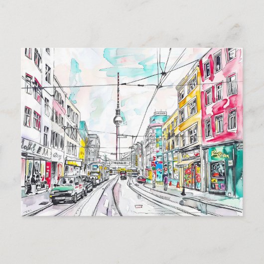 Waterverf Berlijnse Mitte en tv-toren Briefkaart (Voorkant)