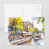 Waterverf Berlin Mitte Spree Rivier Cafe Briefkaart (Voorkant / Achterkant)