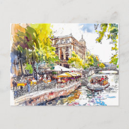 Waterverf Berlin Mitte Spree Rivier Cafe Briefkaart