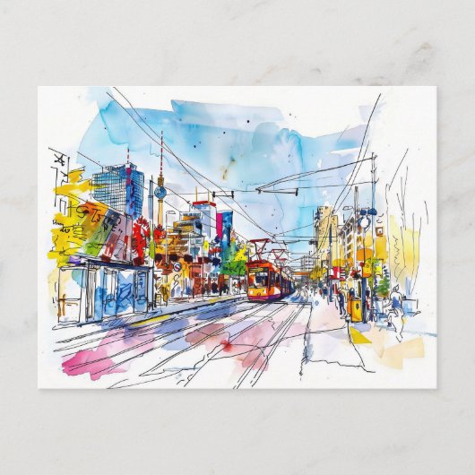 Waterverf Berlin Mitte Tram Kleurrijke Gevels Briefkaart (Voorkant)