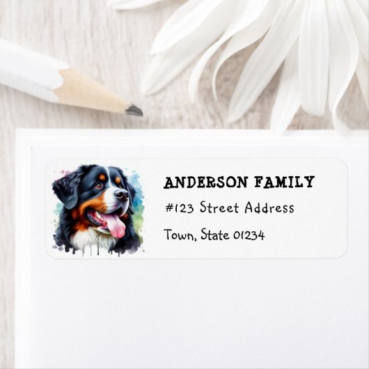 Waterverf Berner Berghond retouradres Etiket (Insitu)