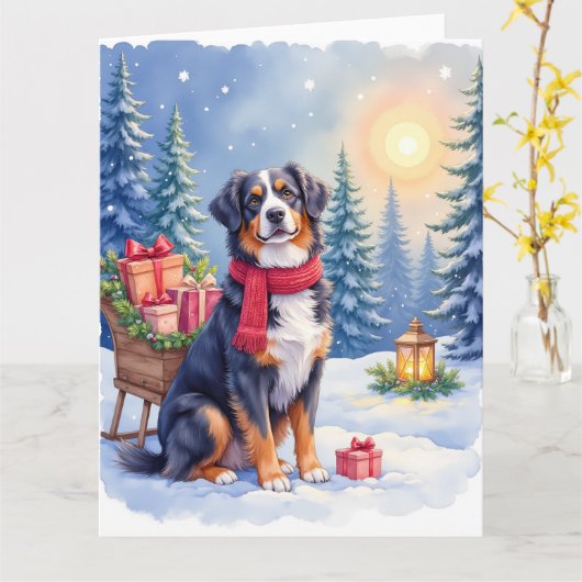 Waterverf Berner Sennenhond slee Kerstmis Kaart (Gele Bloem)
