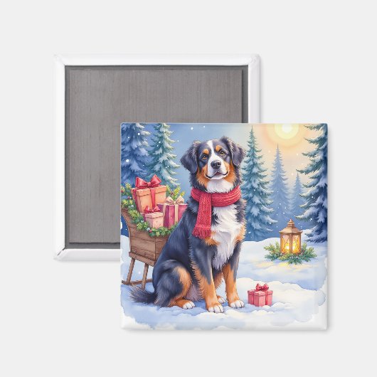 Waterverf Berner Sennenhond slee Kerstmis Magneet (Voorkant / Achterkant)
