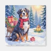 Waterverf Berner Sennenhond slee Kerstmis Magneet (Voorkant)