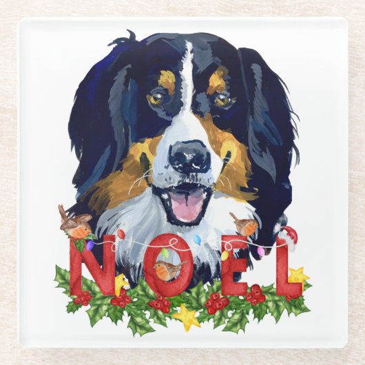 Waterverf Bernese Mountain Dog Kerstmis Glazen Onderzetter (Voorkant)