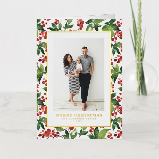 Waterverf Berries en Greenery Foto met kerstmis Folie Feestdagenkaart (Voorkant)