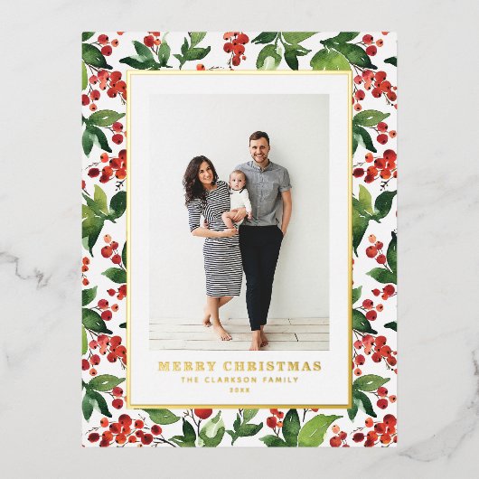 Waterverf Berries en Greenery kerstfoto Folie Feestdagen Briefkaart (Voorkant)