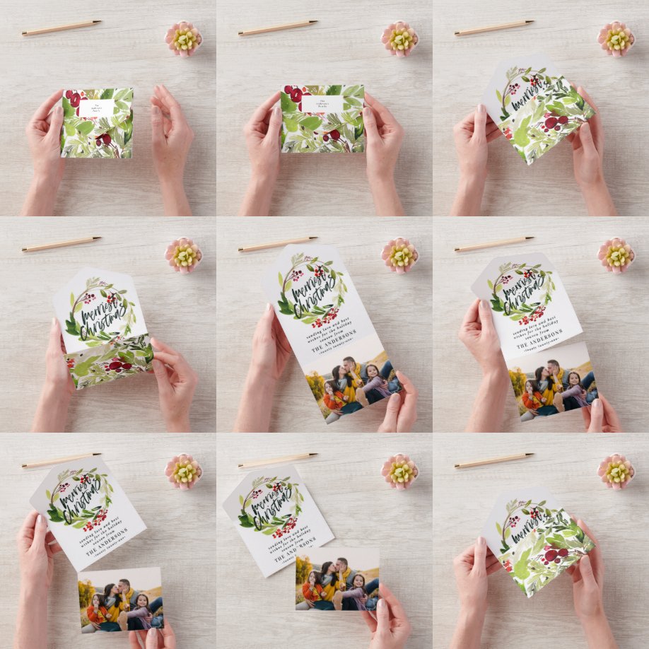 Waterverf Berries en Greenery Wreath Holiday All In One Uitnodiging