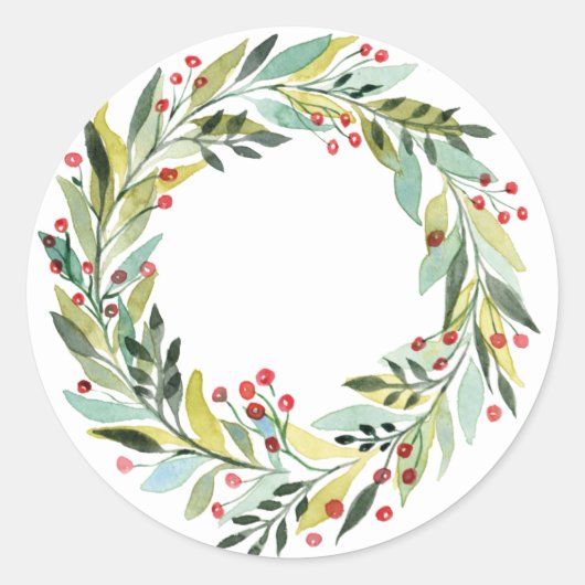 Waterverf Berries en Greenery Wreath Holiday Ronde Sticker (Voorkant)