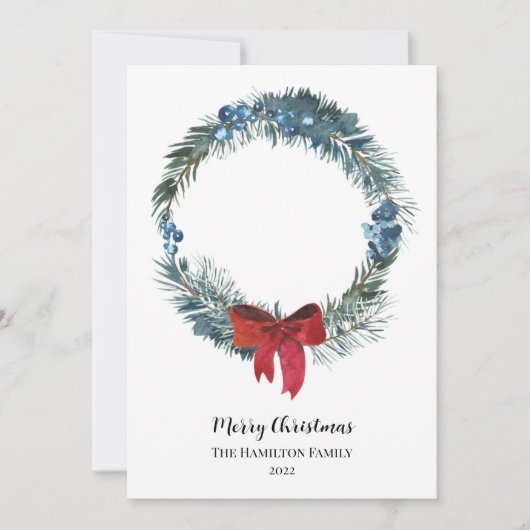 Waterverf Berries en Greenery Wreath Kerstmis Kaart (Voorkant)