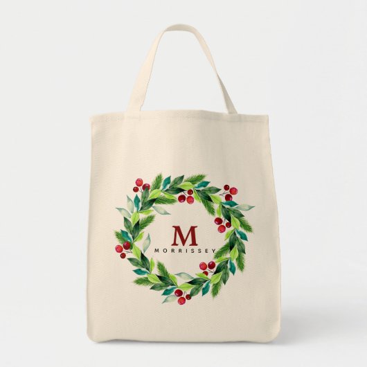 Waterverf Berries en Hollies Wreath Monogram Tote Bag (Voorkant)