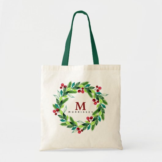 Waterverf Berries en Hollies Wreath Monogram Tote Bag (Voorkant)