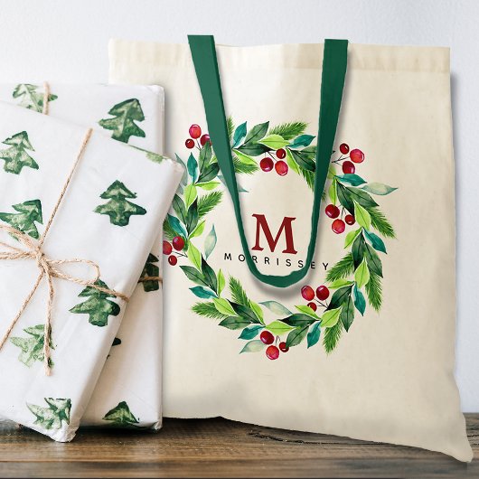 Waterverf Berries en Hollies Wreath Monogram Tote Bag